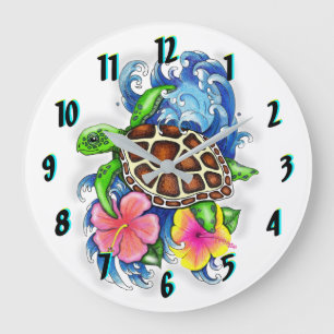 Tropical Sea Turtle and Hibiscus Flowers Large Clock