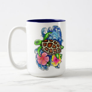 Tropical Sea Turtle and Hibiscus Two-Tone Coffee Mug