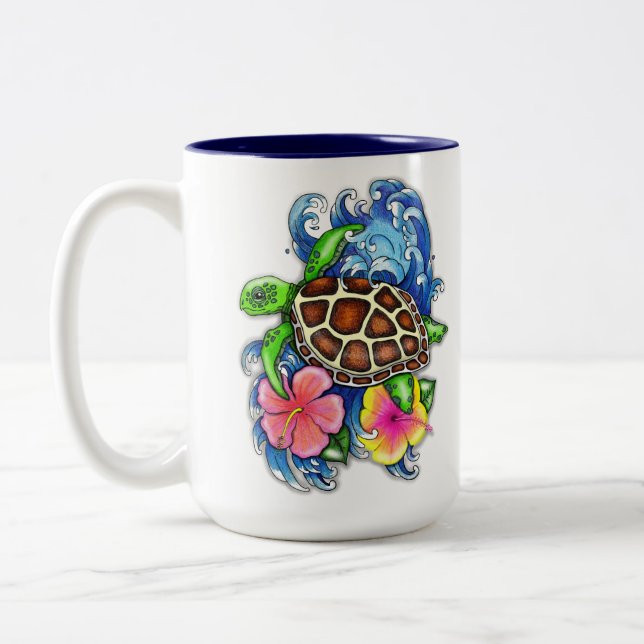 Tropical Sea Turtle and Hibiscus Two-Tone Coffee Mug (Left)