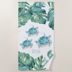 Tropical Sea Turtle and Palm Leaves Beach Towel