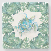 Tropical Sea Turtle and Palm Leaves