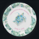 Tropical Sea Turtle Baby Shower Paper Plate<br><div class="desc">Sweet personalised plates for your tropical sea turtle themed backyard baby shower. This design features a monstera palm leaves border with a watercolor sea turtle. Personalise with the mama-to-be's name and shower date in pink. To see the matching beach theme aloha party decor visit www.zazzle.com/dotellabelle Unique watercolor art and design...</div>