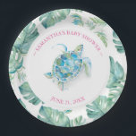 Tropical Sea Turtle Baby Shower Paper Plate<br><div class="desc">Sweet personalised plates for your tropical sea turtle themed backyard baby shower. This design features a monstera palm leaves border with a watercolor sea turtle. Personalise with the mama-to-be's name and shower date in pink. To see the matching beach theme aloha party decor visit www.zazzle.com/dotellabelle Unique watercolor art and design...</div>