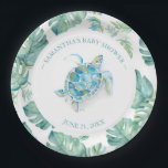 Tropical Sea Turtle Baby Shower Paper Plate<br><div class="desc">Sweet personalised plates for your tropical sea turtle themed backyard baby shower. This design features a monstera palm leaves border with a watercolor sea turtle. Personalise with the mama-to-be's name and shower date in turquoise blue. To see the matching beach theme aloha party decor visit www.zazzle.com/dotellabelle Unique watercolor art and...</div>