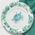 Tropical Sea Turtle Baby Shower Personalised Paper Plate<br><div class="desc">These cute personalised paper plates are perfect for a tropical baby shower or aloha party. Featuring a watercolor sea turtle in shades of blue and green, surrounded by a monstera palm leaves border, they bring a beachy, under-the-sea vibe to your celebration. Customise with the mama-to-be's name and shower date for...</div>