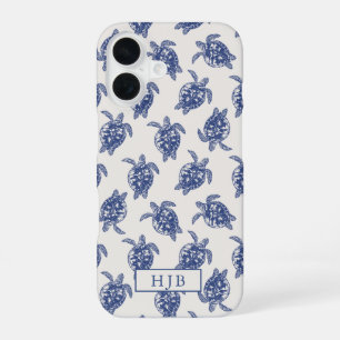 Tropical Sea Turtle Blue Sketch Monogram iPhone 16 Case