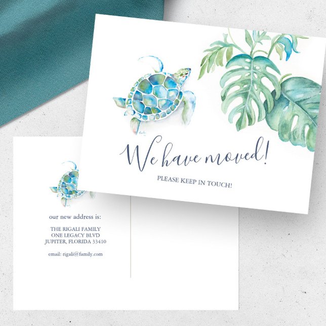 Tropical Sea Turtle Botanical Moving Announcement Postcard (Change of address cards feature watercolor sea turtle and palm leaf art by Victoria Grigaliunas)