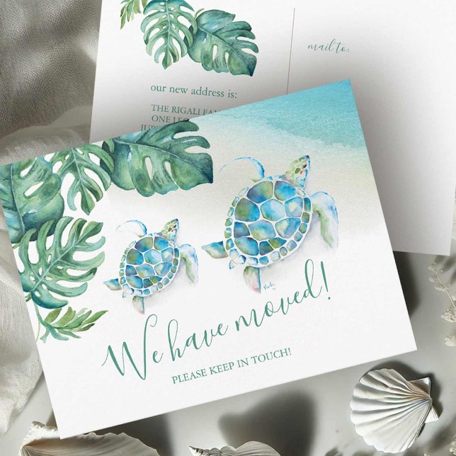 Tropical Sea Turtle Botanical Moving Announcement Postcard (Moving announcement postcard watercolor tropical beach art by Victoria Grigaliunas Do Tell A Belle)