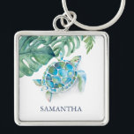 Tropical Sea Turtle Customisable Keychains<br><div class="desc">Add a splash of tropical charm with these customisable keychains, featuring your custom monogram name in navy blue and a vibrant top border of watercolor sea turtle and monstera palm leaves by Victoria Grigaliunas. Perfect for gifts for her, these template keychains are a stylish accessory for any beach or tropical...</div>