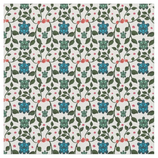 Tropical Sea Turtle Floral Pattern | Coastal Ocean Fabric (Close Up)