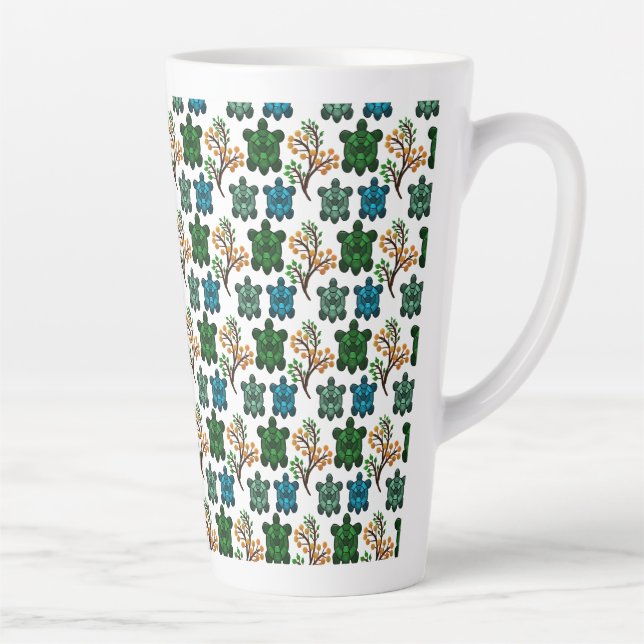 Tropical Sea Turtle Floral Pattern | Coastal Ocean Latte Mug (Right)