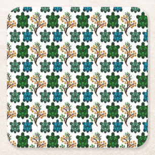 Tropical Sea Turtle Floral Pattern Coastal Ocean Square Paper Coaster