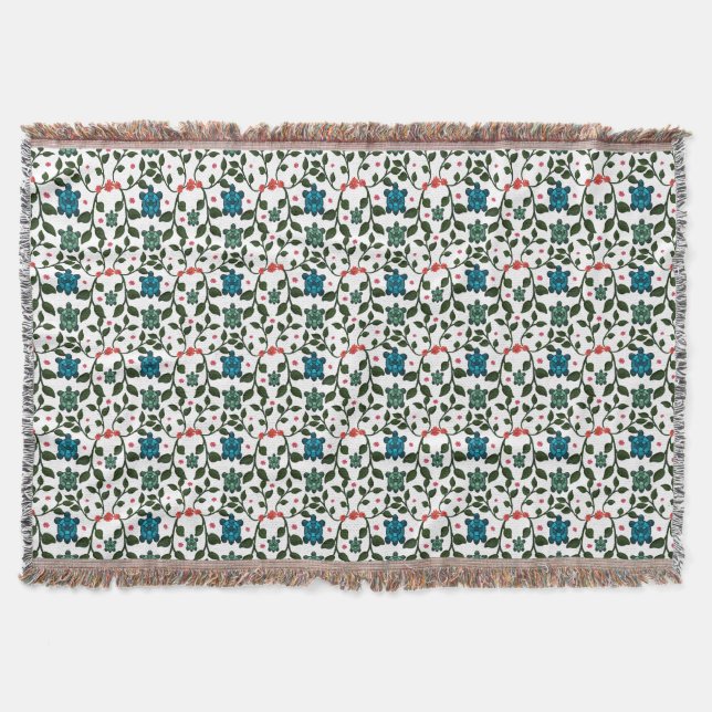 Tropical Sea Turtle Floral Pattern | Coastal Ocean Throw Blanket (Front)