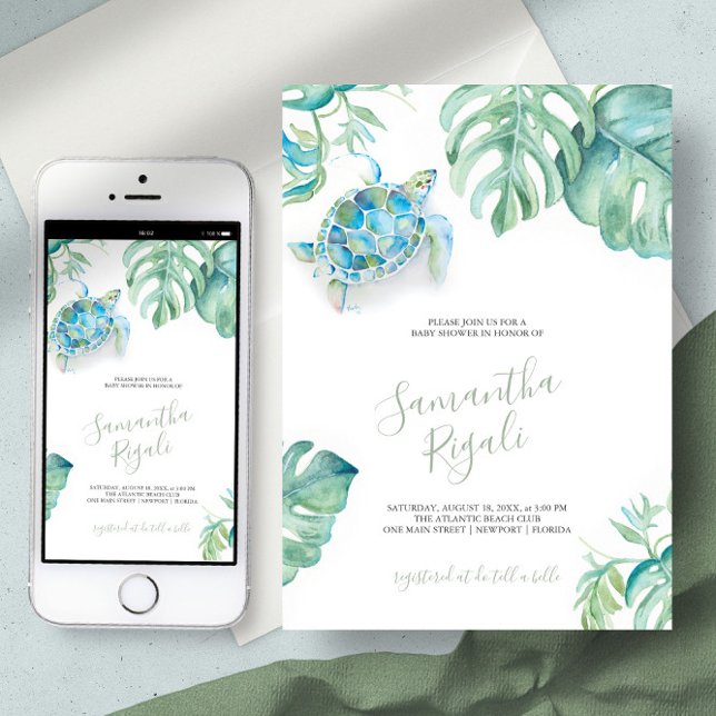 Tropical Sea Turtle Monstera Leaves Baby Shower Invitation (Tropical baby shower invitation sea turtle virtual digital download art by Victoria Grigaliunas)