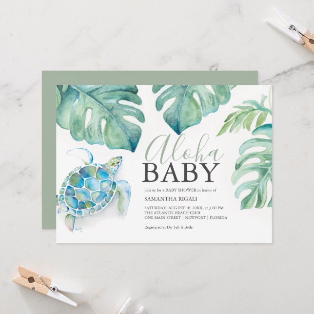 Tropical Sea Turtle Monstera Leaves Baby Shower Invitation (Front/Back In Situ)