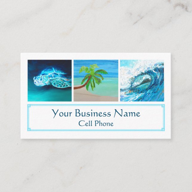Tropical Sea Turtle Palm Tree Ocean Wave Surf Business Card (Front)