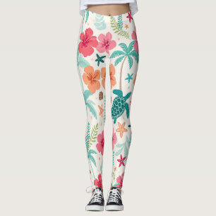 Tropical Sea Turtle Pattern Hibiscus Palm Tree & Leggings