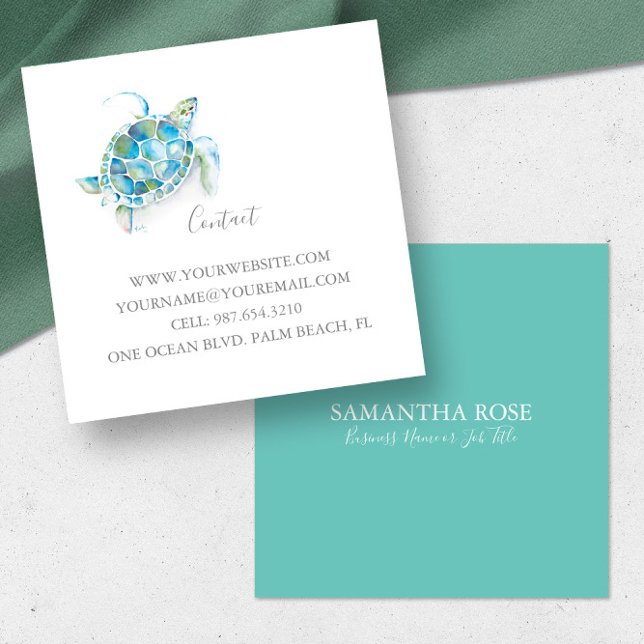Tropical Sea Turtle Square Business Card (Turtle business cards feature unique watercolor art by Victoria Grigaliunas of Do Tell A Belle)