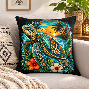 Tropical Sea Turtle Sunset – Tribal Ocean Paradise Cushion