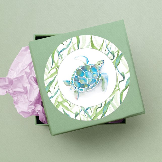Tropical Sea Turtle Watercolor Greenery Classic Round Sticker (Tropical Sea Turtle Watercolor Greenery Classic Round Sticker)