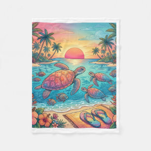 Tropical Sea Turtles Sunset Beach Ocean Fleece Bla Blanket