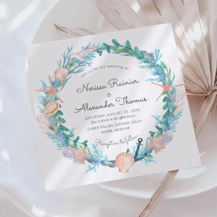 Tropical Sea Wreath   Watercolor Beach Wedding Invitation
