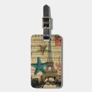 tropical seahorse seashells paris eiffel tower luggage tag