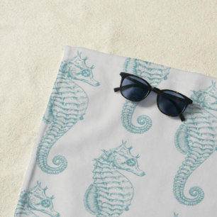 Tropical Seahorses, Seahorse Pattern - Blue Grey Beach Towel