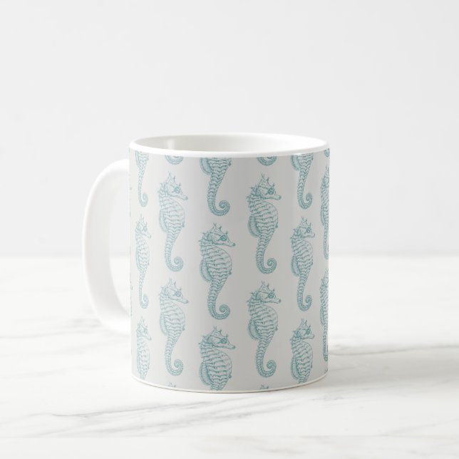 Tropical Seahorses, Seahorse Pattern - Blue Grey Coffee Mug (Front Left)