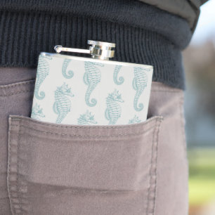 Tropical Seahorses, Seahorse Pattern - Blue Grey Hip Flask