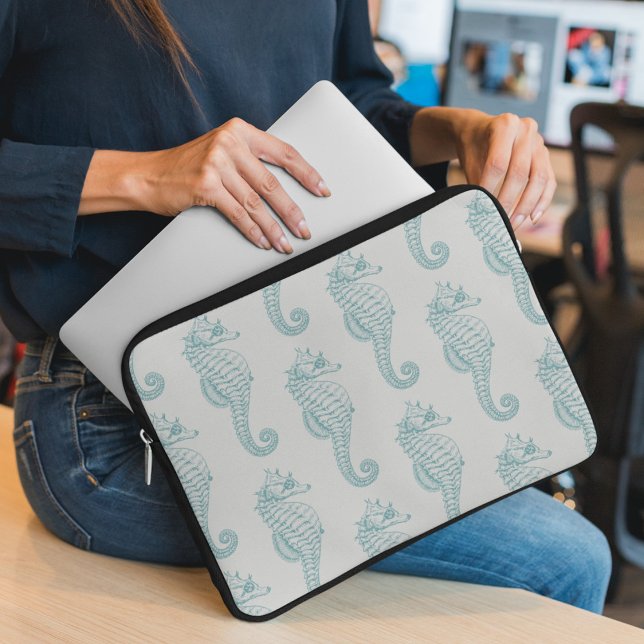 Tropical Seahorses, Seahorse Pattern - Blue Grey Laptop Sleeve (Creator Uploaded)