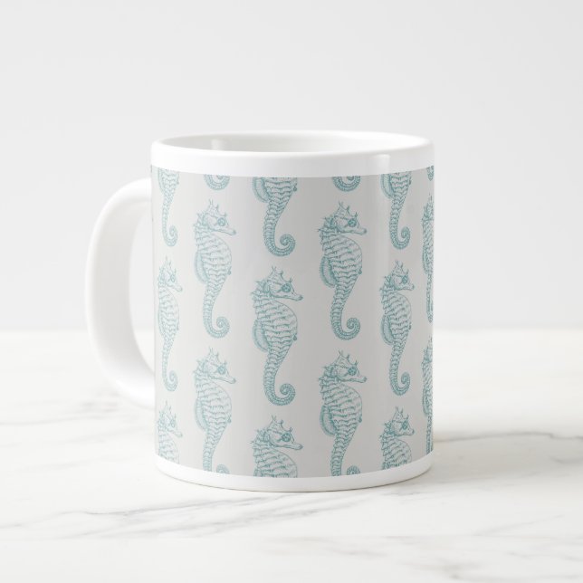 Tropical Seahorses, Seahorse Pattern - Blue Grey Large Coffee Mug (Front Left)