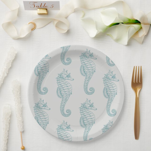 Tropical Seahorses, Seahorse Pattern - Blue Grey Paper Plate (Wedding)