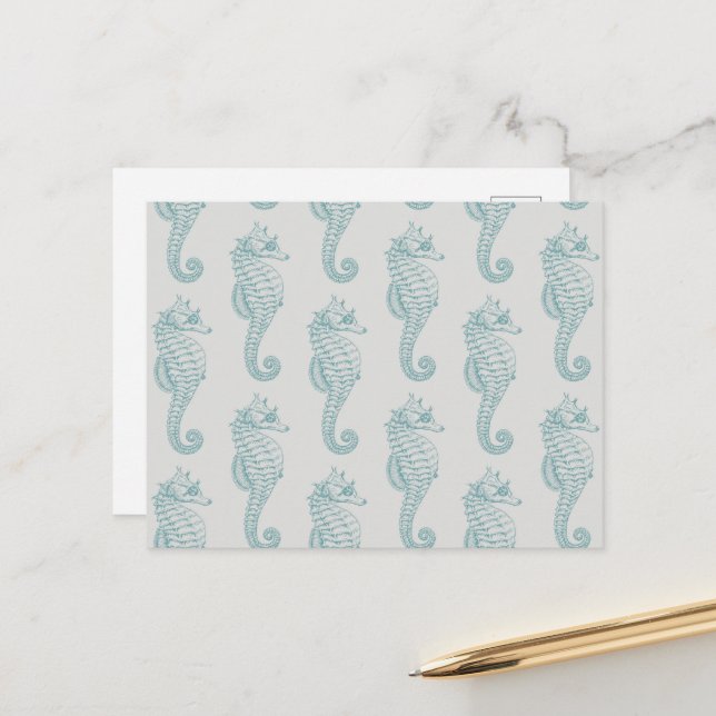 Tropical Seahorses, Seahorse Pattern - Blue Grey Postcard (Front/Back In Situ)