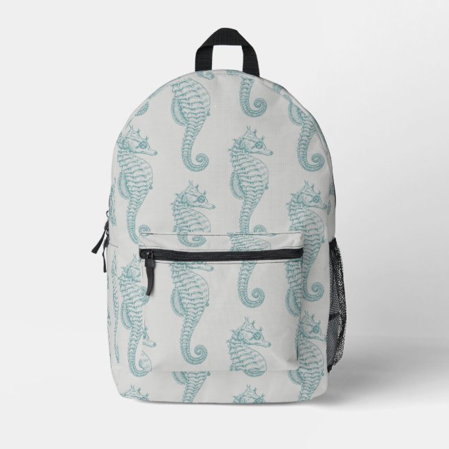Tropical Seahorses, Seahorse Pattern - Blue Grey Printed Backpack (Front)