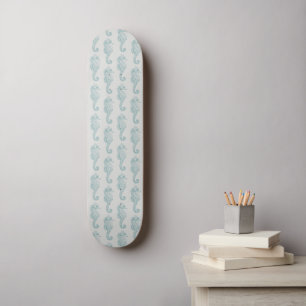 Tropical Seahorses, Seahorse Pattern - Blue Grey Skateboard