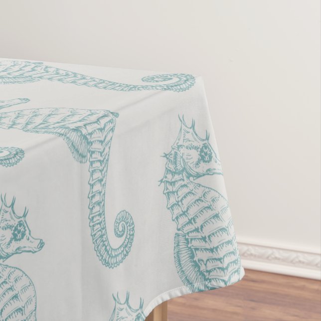 Tropical Seahorses, Seahorse Pattern - Blue Grey Tablecloth (In Situ)