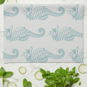 Tropical Seahorses, Seahorse Pattern - Blue Grey Tea Towel
