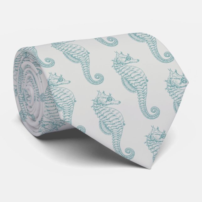 Tropical Seahorses, Seahorse Pattern - Blue Grey Tie (Rolled)