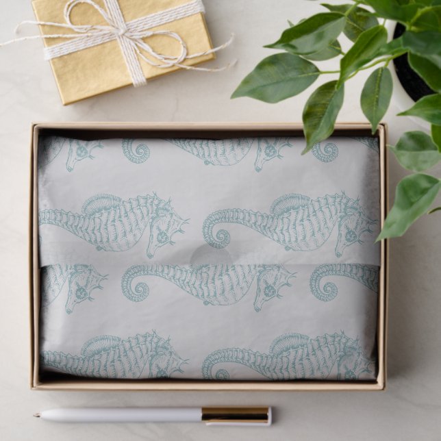 Tropical Seahorses, Seahorse Pattern - Blue Grey Tissue Paper (Gift)