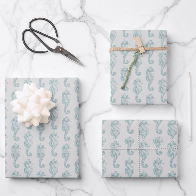 Tropical Seahorses, Seahorse Pattern - Blue Grey Wrapping Paper Sheet (Front)