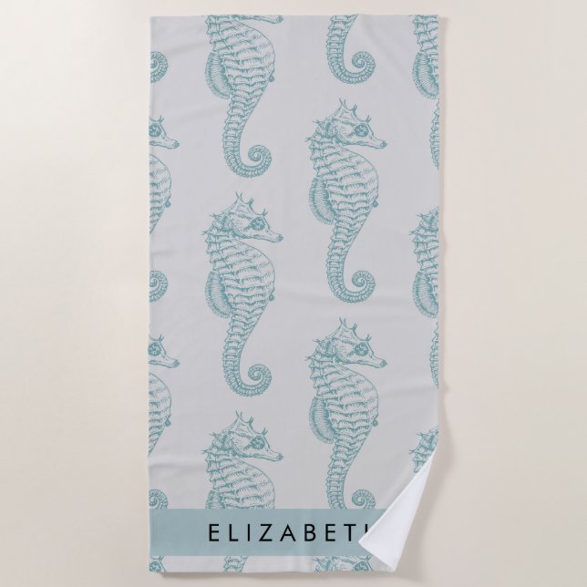 Tropical Seahorses, Seahorse Pattern, Your Name Beach Towel (Front)