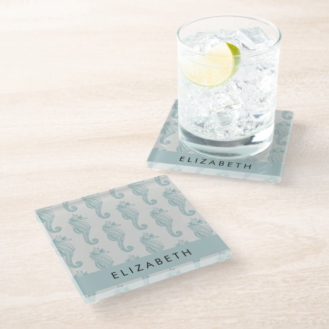 Tropical Seahorses, Seahorse Pattern, Your Name Glass Coaster (Angled)