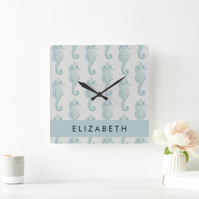 Tropical Seahorses, Seahorse Pattern, Your Name Square Wall Clock (Home)