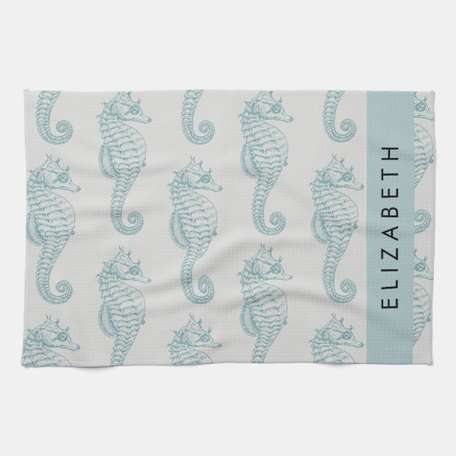 Tropical Seahorses, Seahorse Pattern, Your Name Tea Towel (Horizontal)