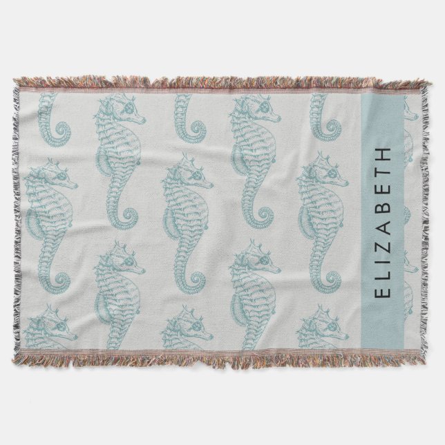 Tropical Seahorses, Seahorse Pattern, Your Name Throw Blanket (Front)