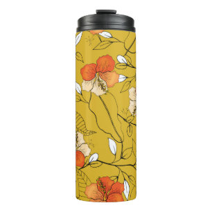 Tropical seamless flower and leaves pattern thermal tumbler