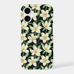 Tropical seamless pattern white flowers green leaf