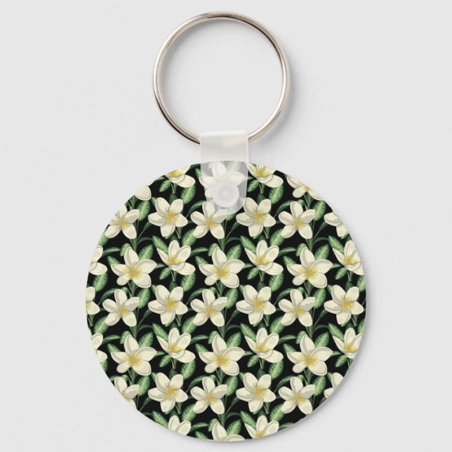 Tropical seamless pattern white flowers green leaf key ring (Front)