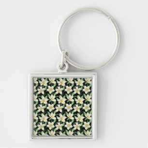 Tropical seamless pattern white flowers green leaf key ring